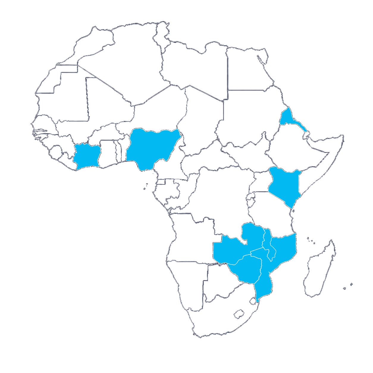 Map of Africa with DizTech's presence highlighted across 8 countries: Zimbabwe, Ivory Coast, Nigeria, Zambia, Malawi, Eritrea, Kenya, Mozambique
