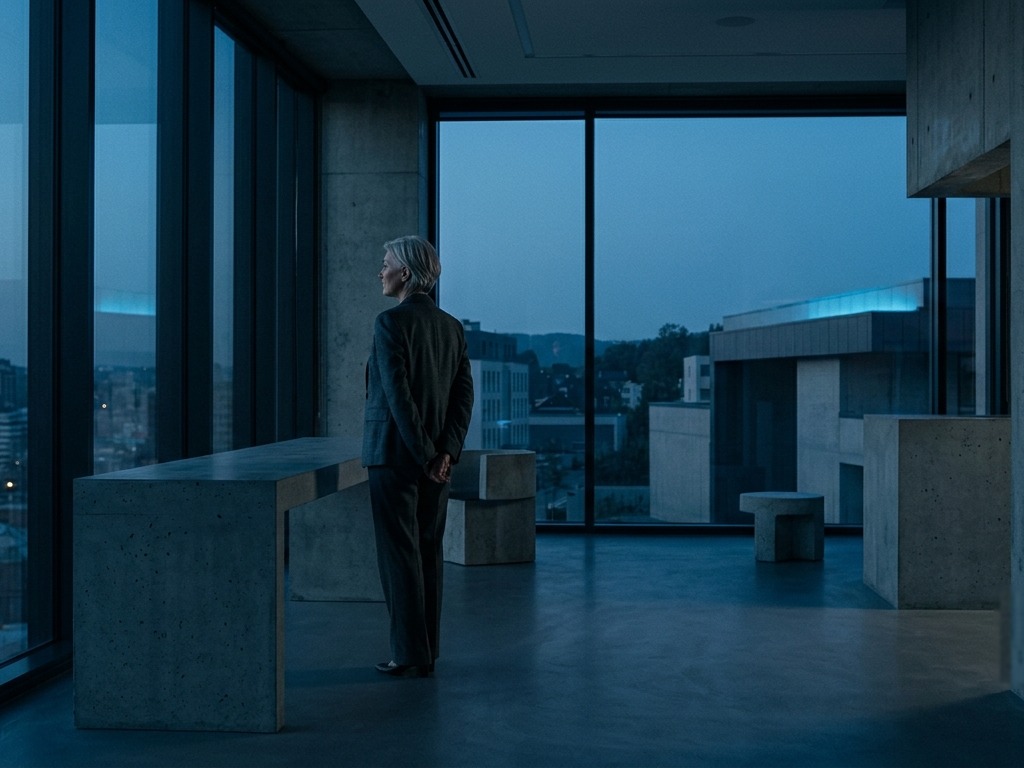Executive looking out over a city skyline at dusk from a concrete office