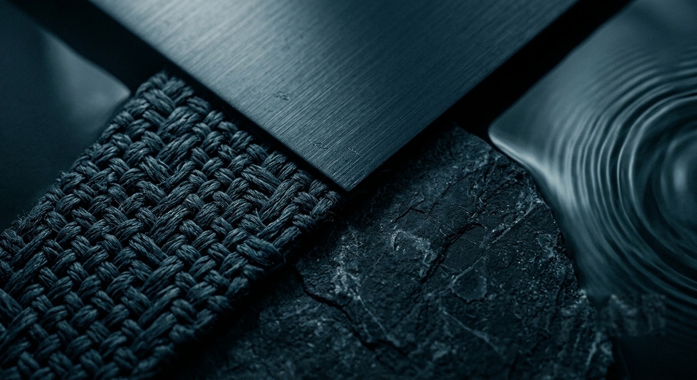 Duotone detail of woven texture, stone, and brushed metal