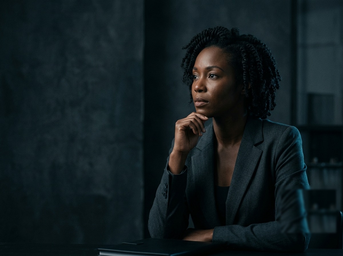 Executive reviewing workforce plans in a duotone-lit office